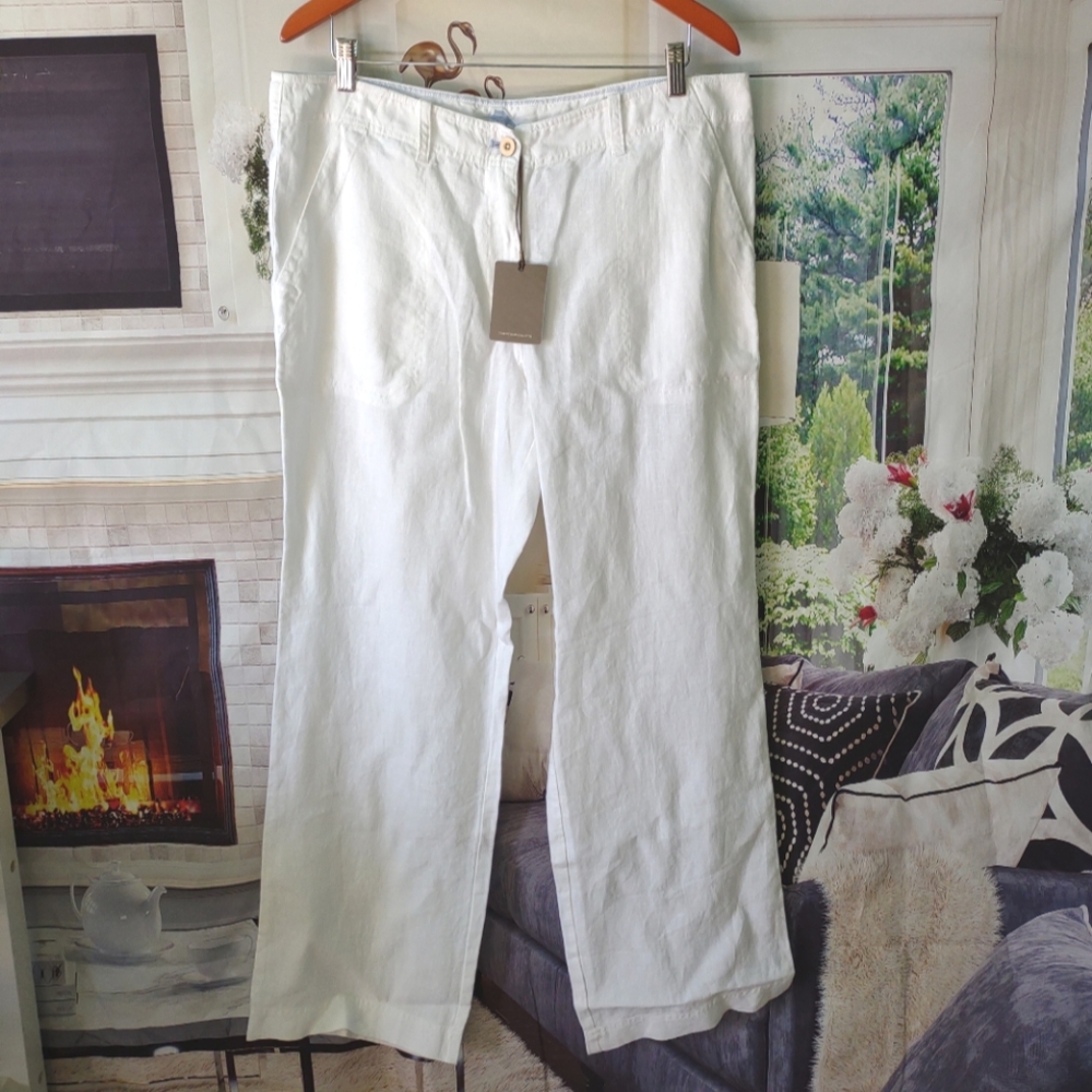 Size 14 100% Linen White Pants Womens Wide Leg White Beach Vacation Boho Cruise